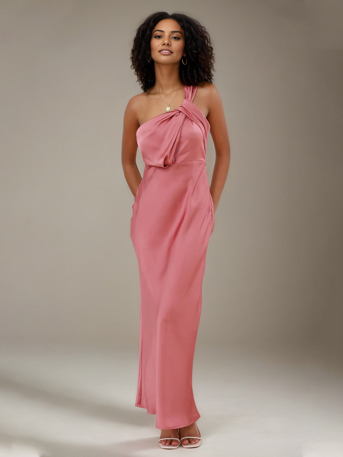 Rose Pink Satin Sheath/Column One Shoulder Ankle Length Bridesmaid Dresses
