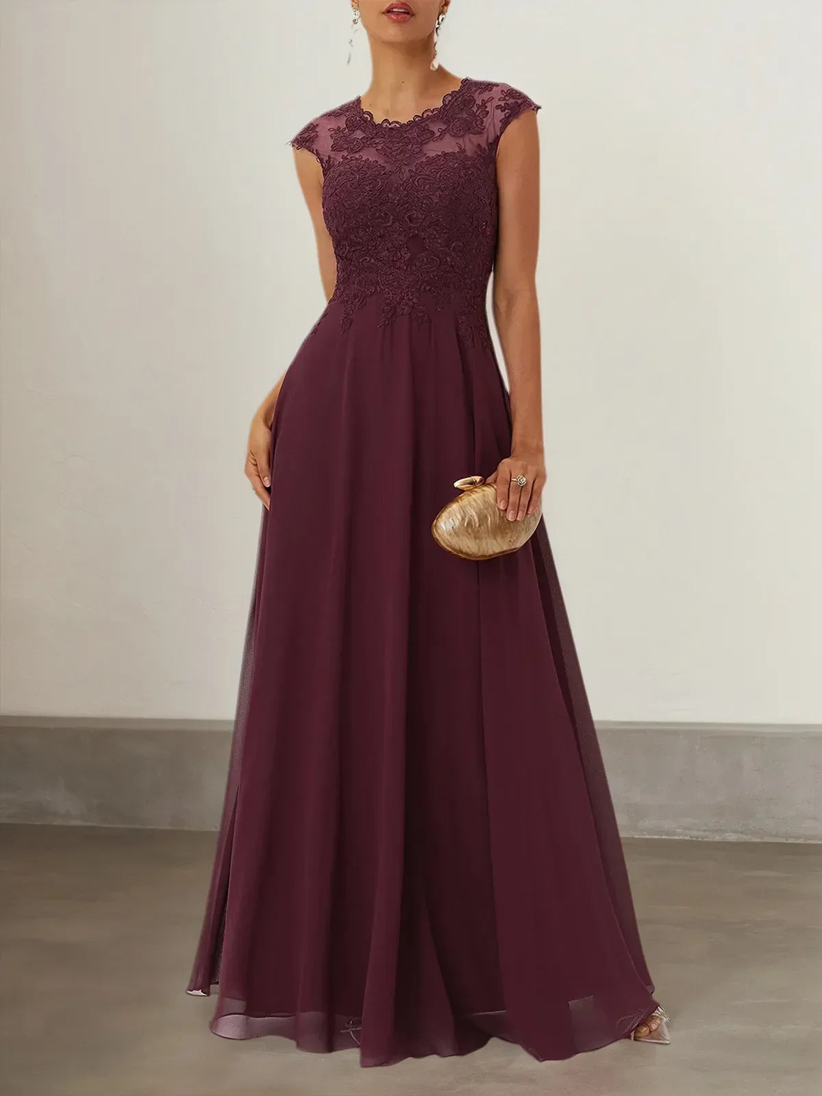 Wine Red Lace Chiffon Crew Neck Cap Sleeve A-Line Maxi Dress - FashionDia