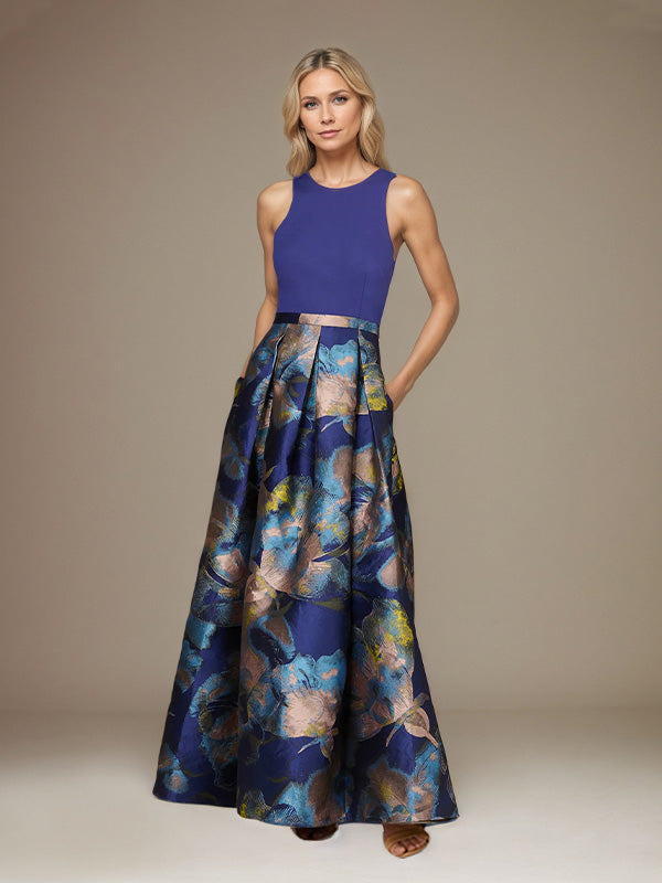 Royal Blue A-Line Satin Jewel Neckline Sleeveless Floor-Length Floral Dress - FashionDia