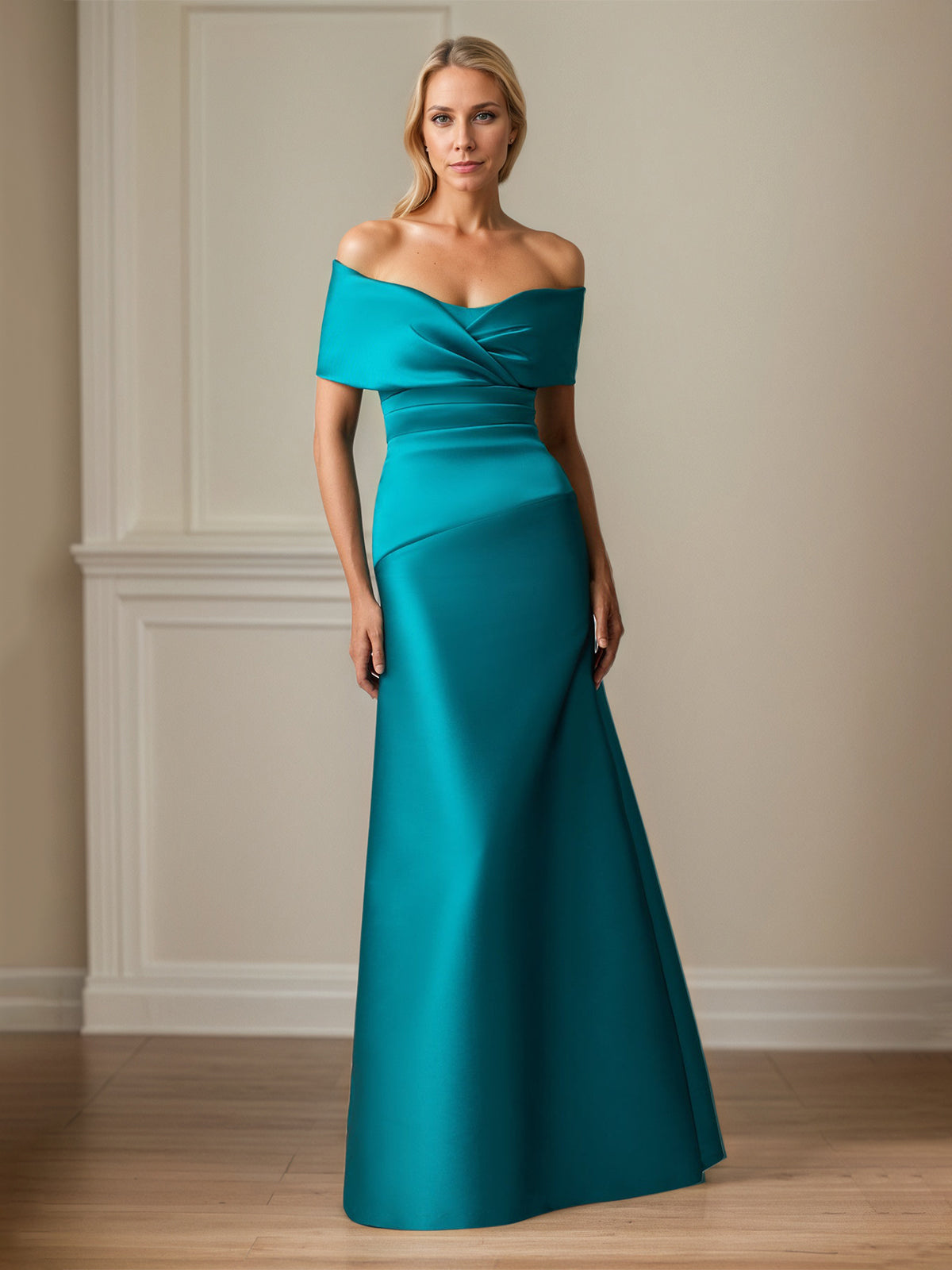Teal Satin Sheath/Column Off The Shoulder Sleeveless Floor Length Mother of the Bride Dresses