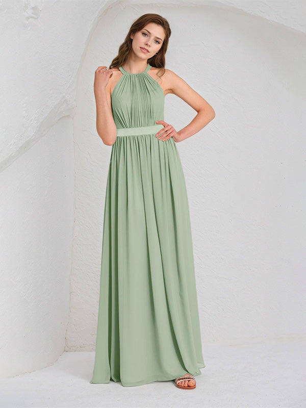 Sage Chiffon A Line Halter Neck Sleeveless Floor Length Bridesmaid Dress