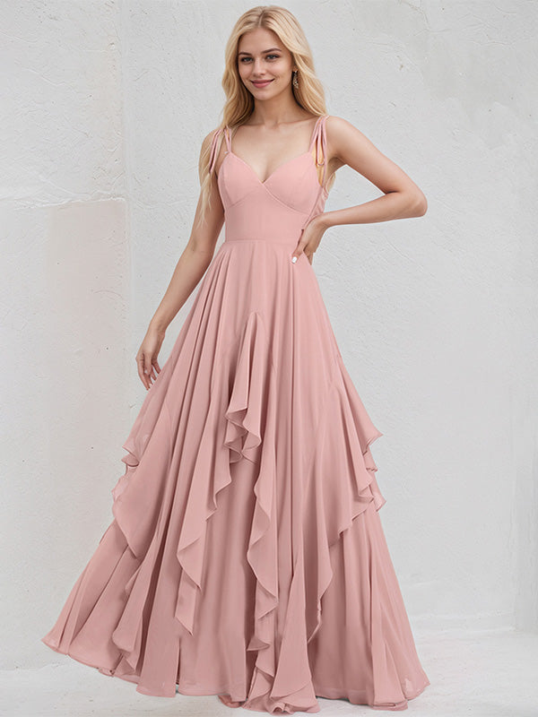 Dusty Rose Chiffon A-Line Spaghetti Straps Floor-Length Bridesmaid Dress With Cascading Ruffles - FashionDia