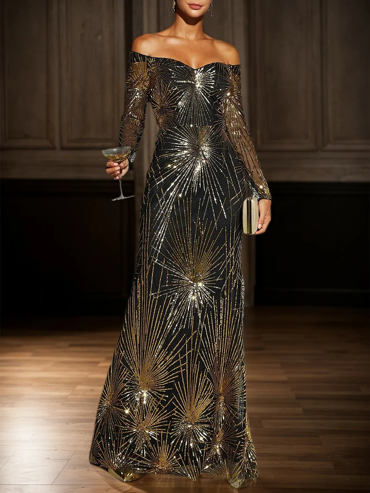 Golden-Black Off The Shoulder Gown Mermaid Sequin Dress - VelvetHem