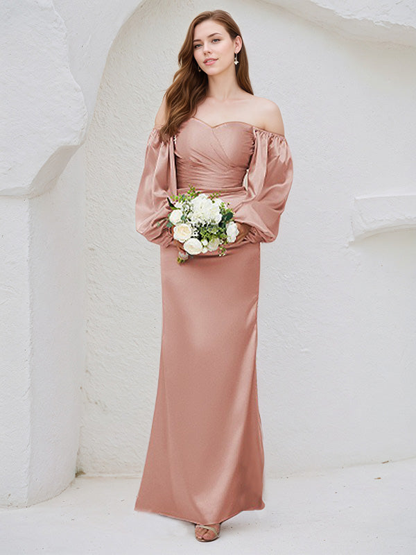 Dusty Rose Satin Sheath/Column Off-the-Shoulder Long Sleeves Floor-Length Bridesmaid Dress - FashionDia
