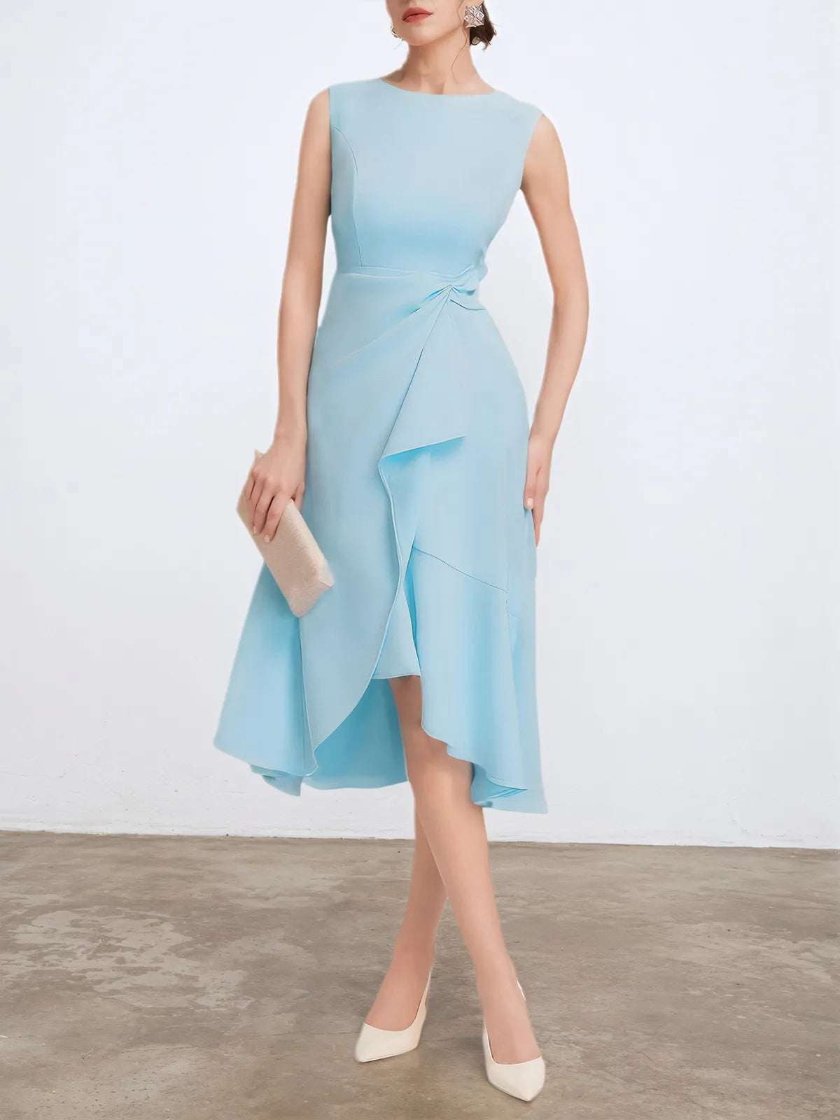Light Blue Sleeveless Midi Elegant A-line Dress with Waist Twist for Day-to-Night - FashionDia