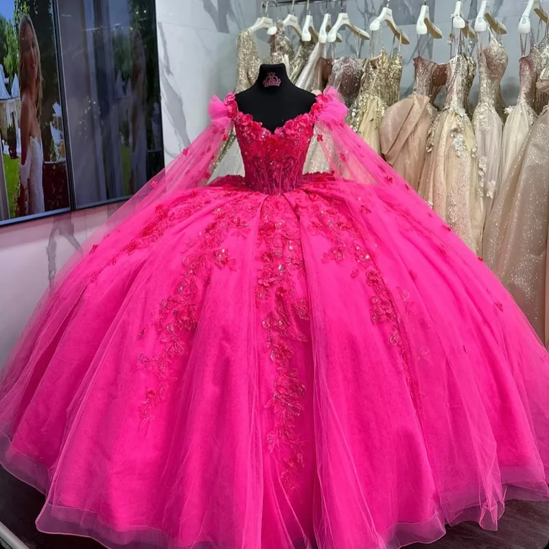 Quinceañera Off-Shoulder Lace Appliques Tulle Ball Gown Dress with Cape for Sweet 16 Birthday fg6296