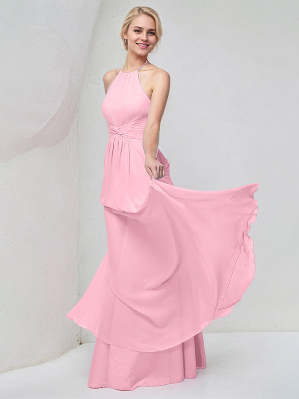 Pink Chiffon A Line Halter Neck Floor Length Bridesmaid Dress