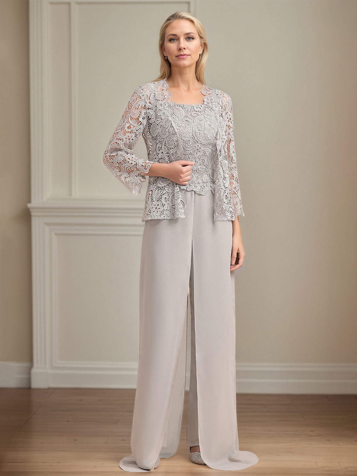 Chiffon Square Neck Sleeveless Floor Length Pleated Mother of the Bride Pantsuits