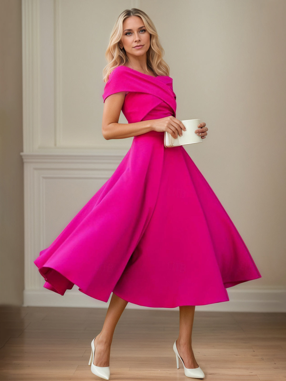 Fuchsia Stretch Crepe A-Line Off-the-Shoulder Short Sleeves Tea-Length Mother of the Bride Dresses - FashionDia