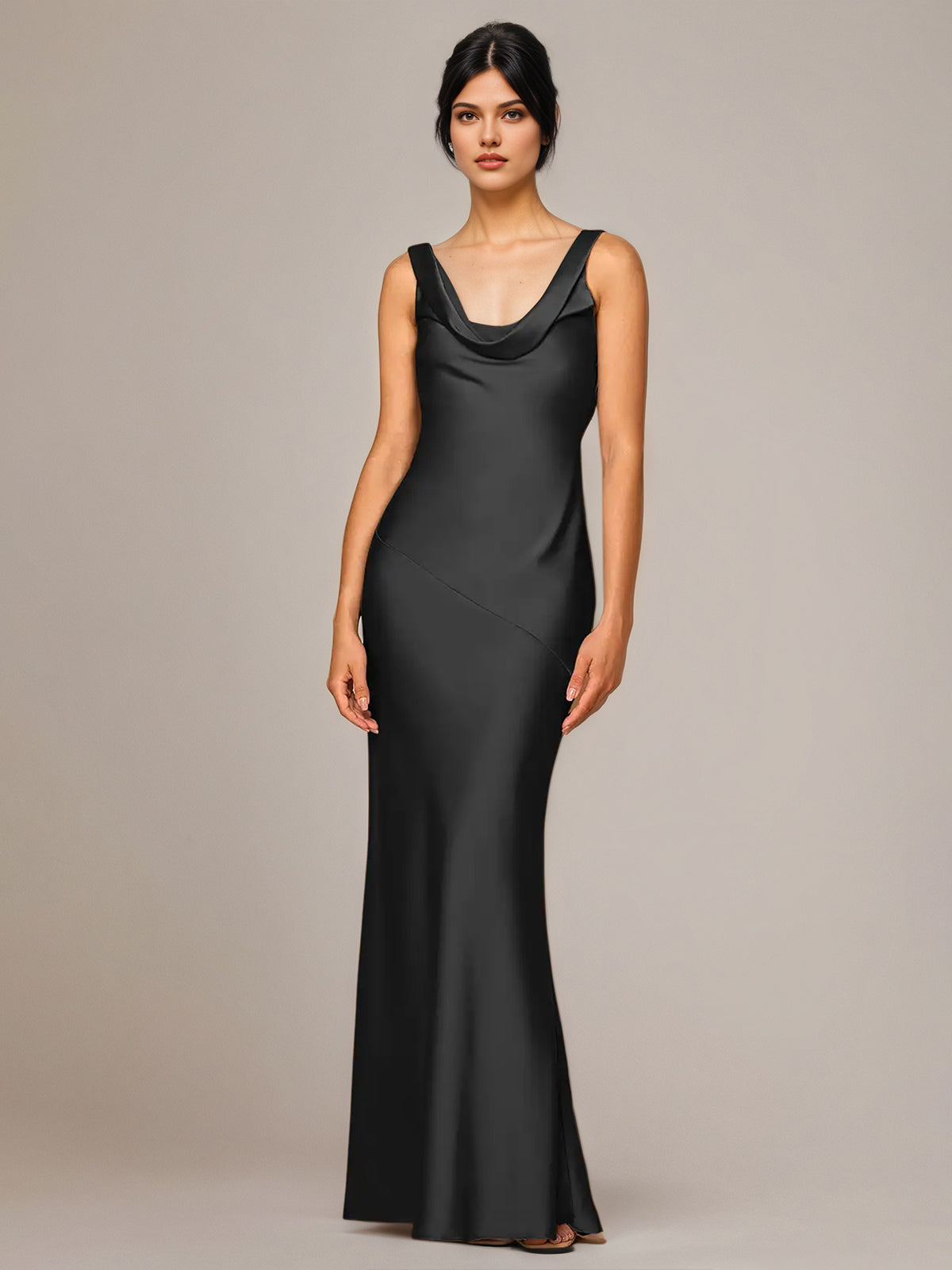 Black Satin Sheath/Column Cowl Neckline Sleeveless Floor-Length Bridesmaid Dress - FashionDia