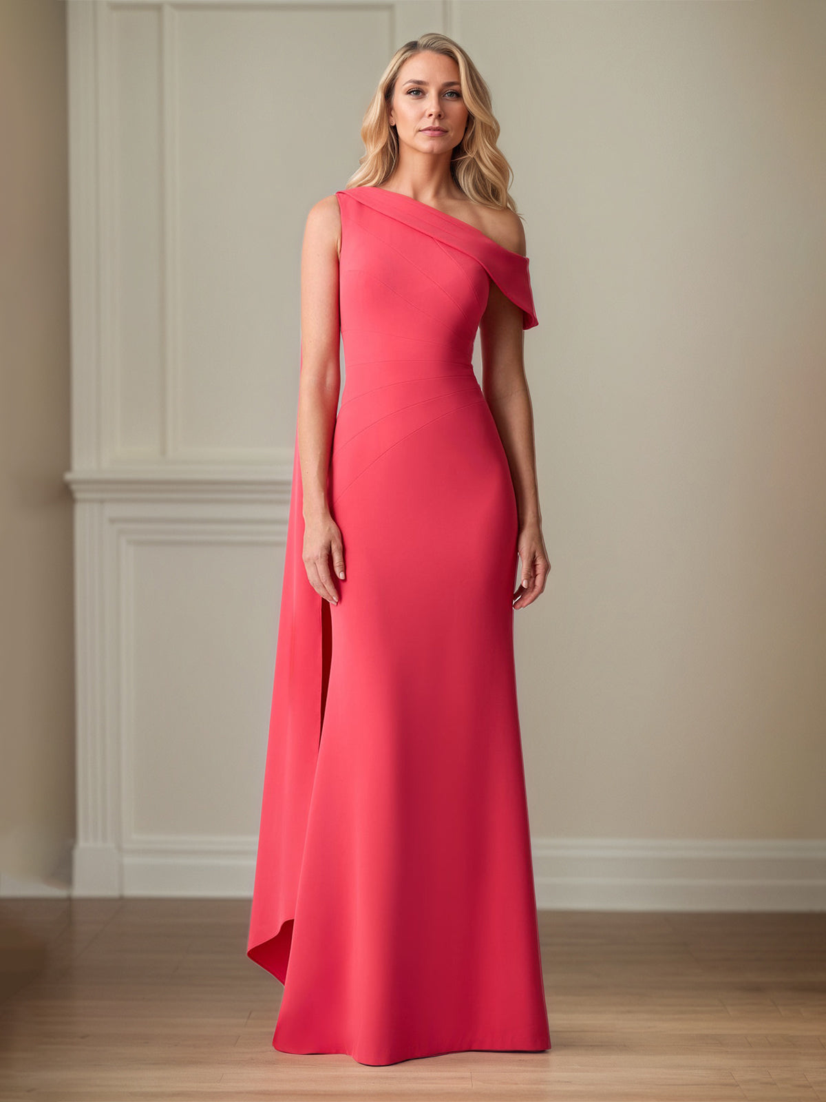 Coral Stretch Crepe Sheath/Column One Shoulder Floor Length Mother of the Bride Dresses