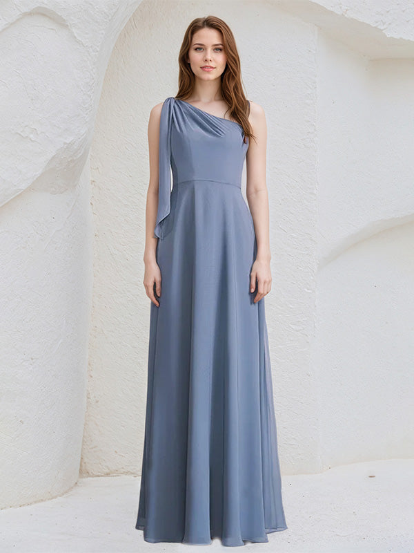 Navy Blue A-Line One Shoulder Floor-Length Chiffon Bridesmaid Dress With Bow