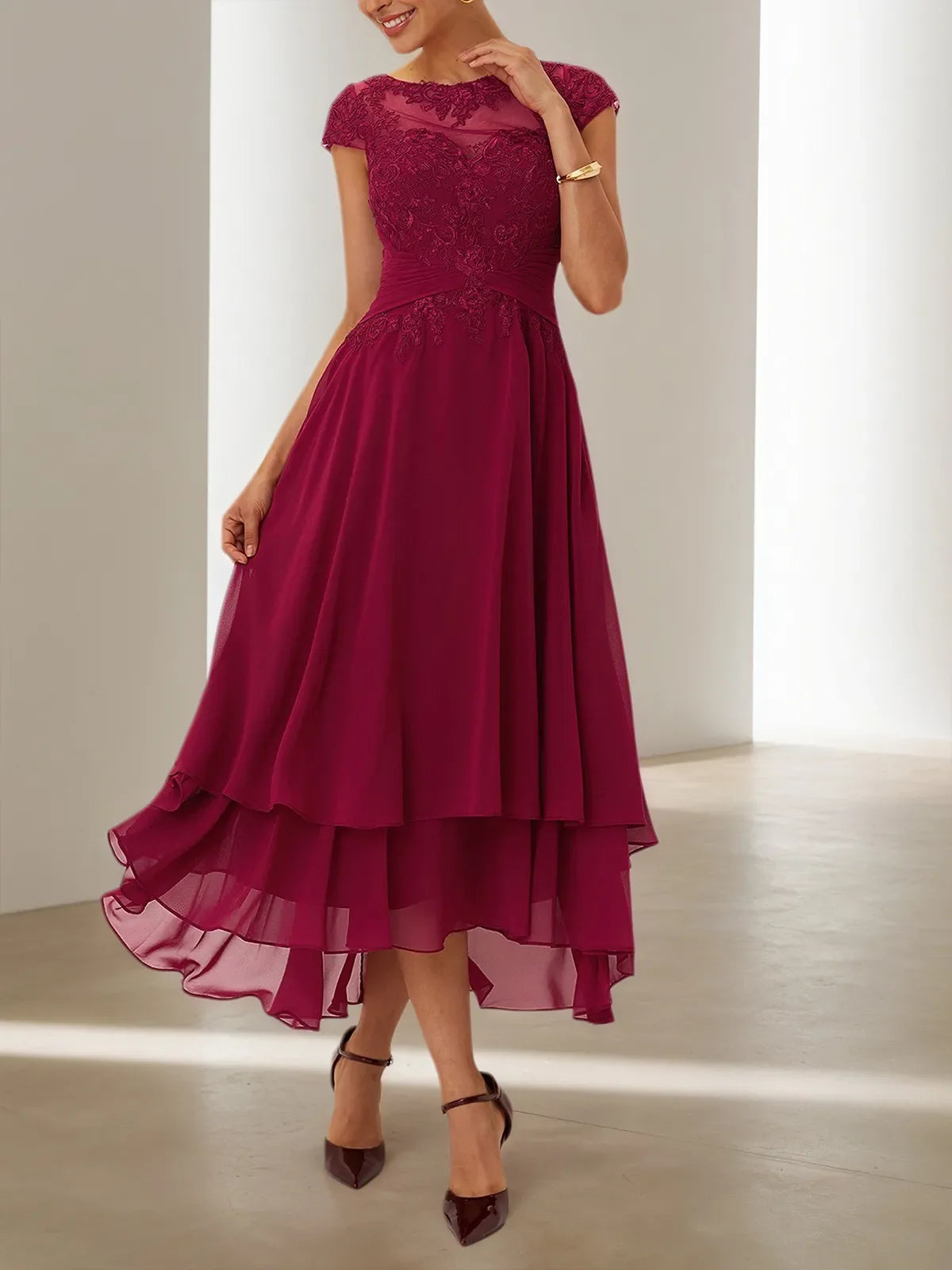 Red Lace Chiffon Crew Neck Cap Sleeve A-Line Maxi Dress