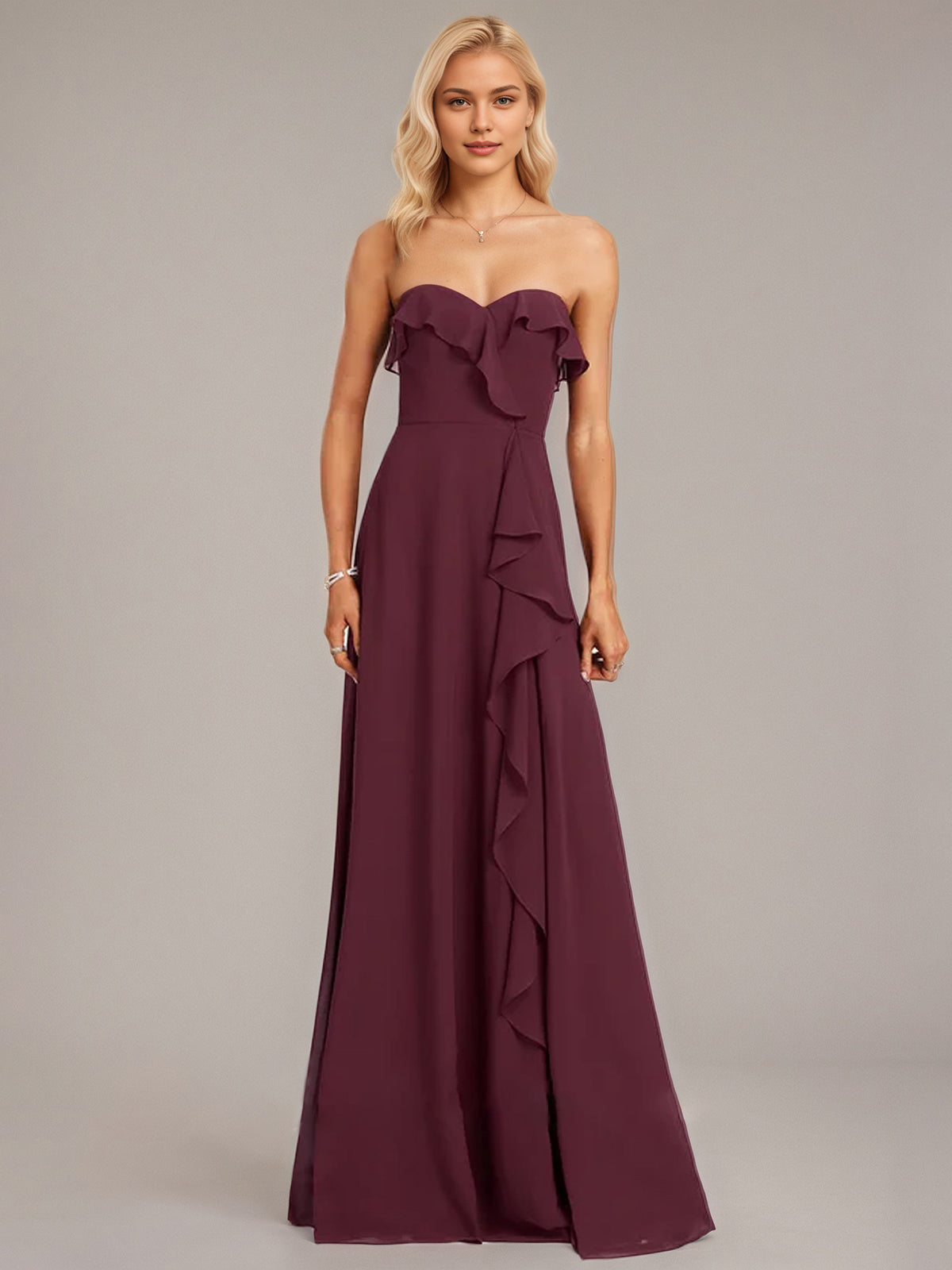 Grape A-Line Sweetheart Floor-Length Chiffon Bridesmaid Dress With Ruffle