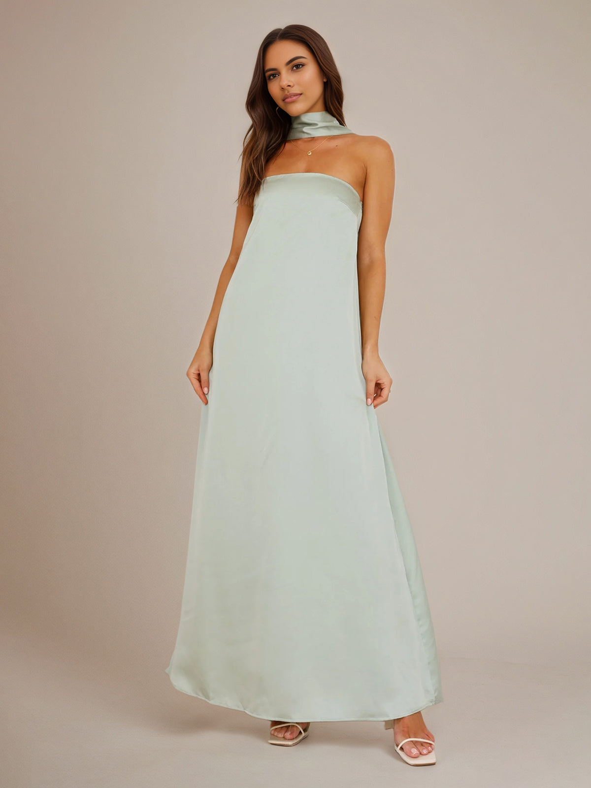 Sage Satin A Line Halter Neck Sleeveless Floor Length Bridesmaid Dresses