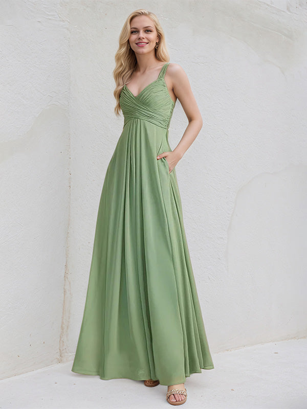 Basil A-Line V-Neck Floor-Length Chiffon Bridesmaid Dress With Ruffle