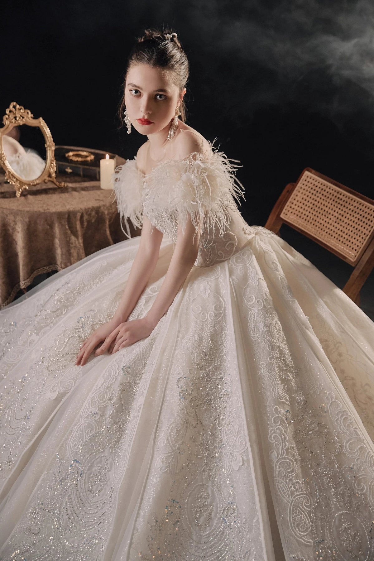 Luxurious Off-the-Shoulder Ball Gown Sweetheart Neckline Feather Trim Beaded Lace Wedding Dress with Glitter Train E-306 (ZD16884) - View 7 | VelvetHem