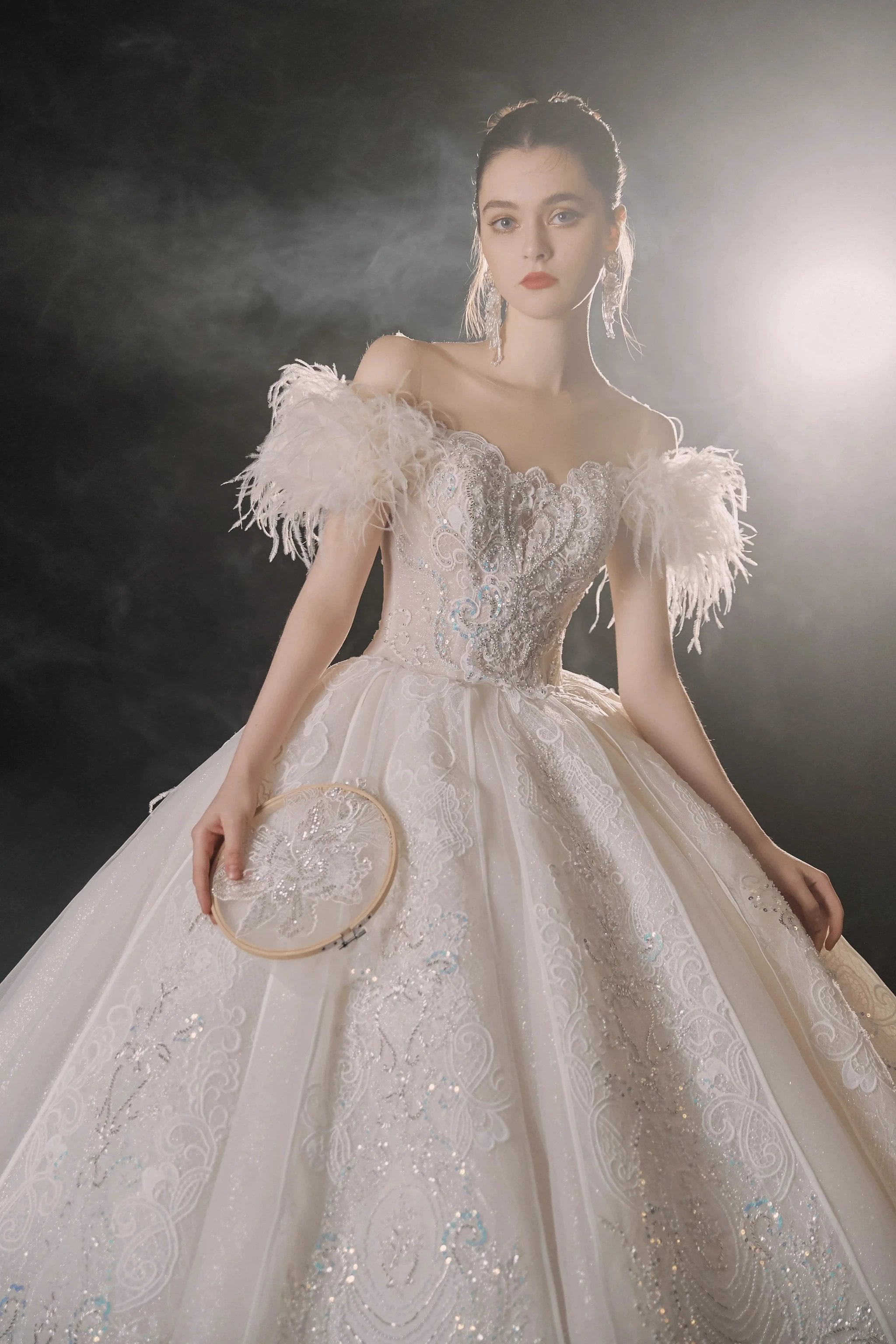 Luxurious Off-the-Shoulder Ball Gown Sweetheart Neckline Feather Trim Beaded Lace Wedding Dress with Glitter Train E-306 (ZD16884) - View 5 | VelvetHem