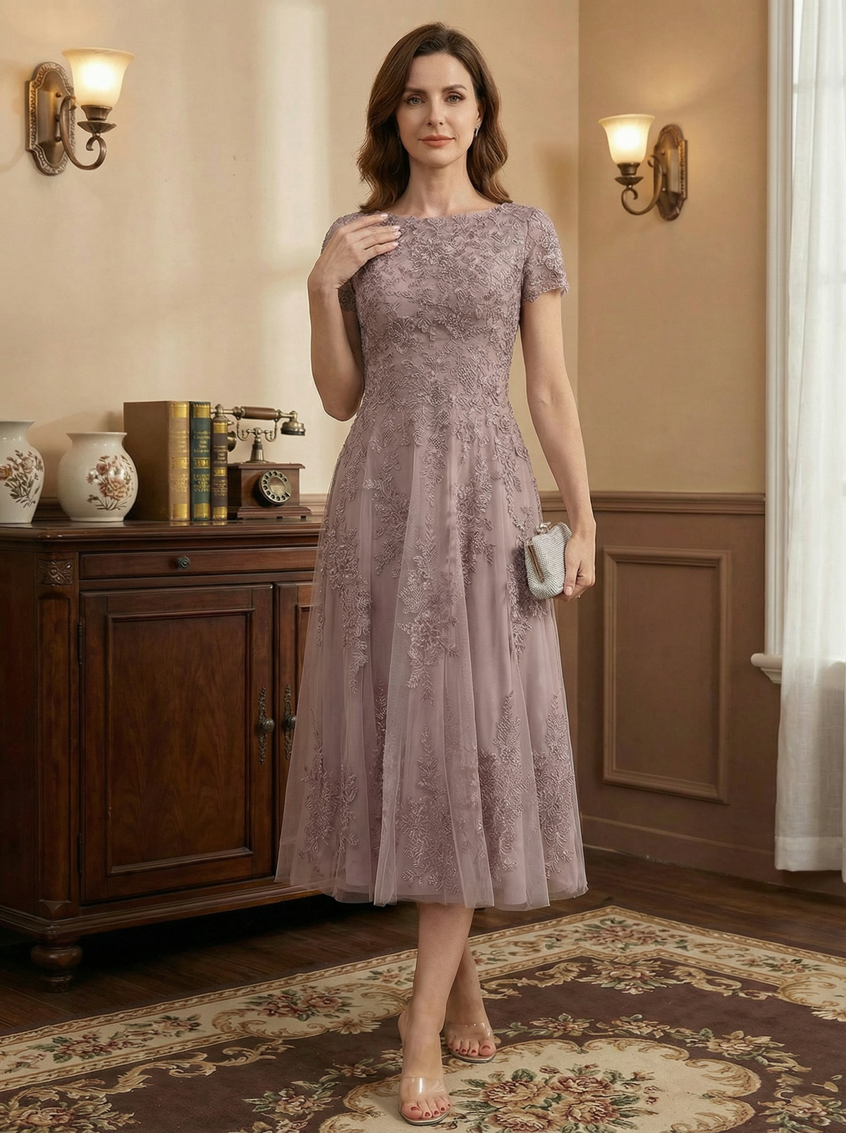 A-line Scoop Tea-Length Tulle Lace Mother of the Bride Dress - FashionDia