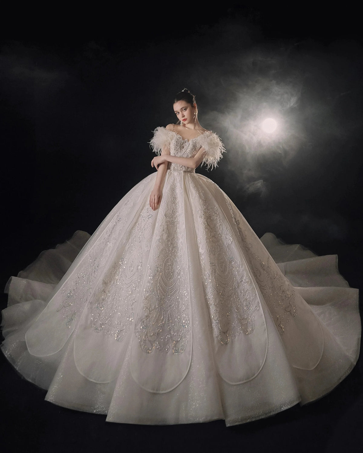 Luxurious Off-the-Shoulder Ball Gown Sweetheart Neckline Feather Trim Beaded Lace Wedding Dress with Glitter Train E-306 (ZD16884)
