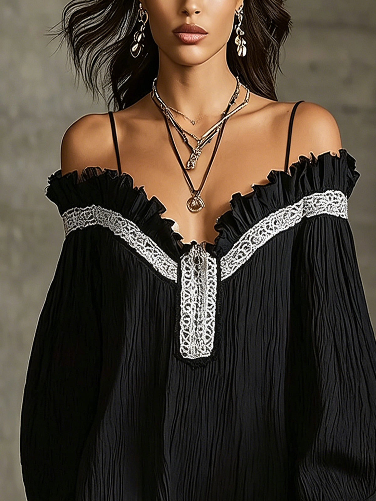 Black Off-Shoulder Mini Dress With Lace Trim And Lantern Sleeves