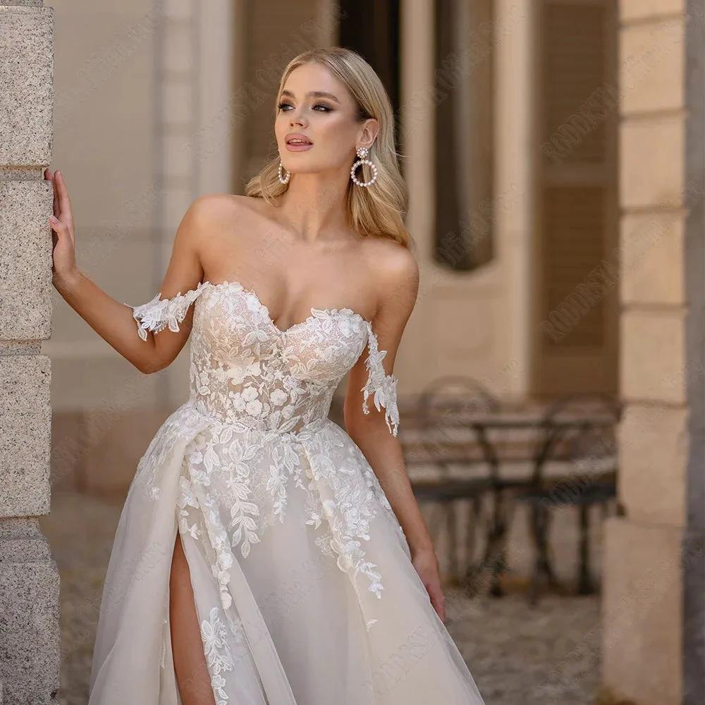 Light Champagne Pastrol Wedding Dresses Off Shoulder Sweetheart Bride Gowns Side Split A-Line Tulle Vestido De Novia by payinti