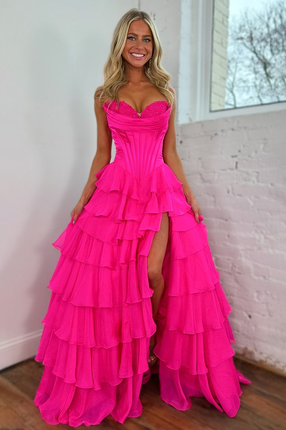 Stunning A-Line Sweetheart Satin Top Long Tiered Chiffon Prom Dress with Slit - View 3 | FashionDia