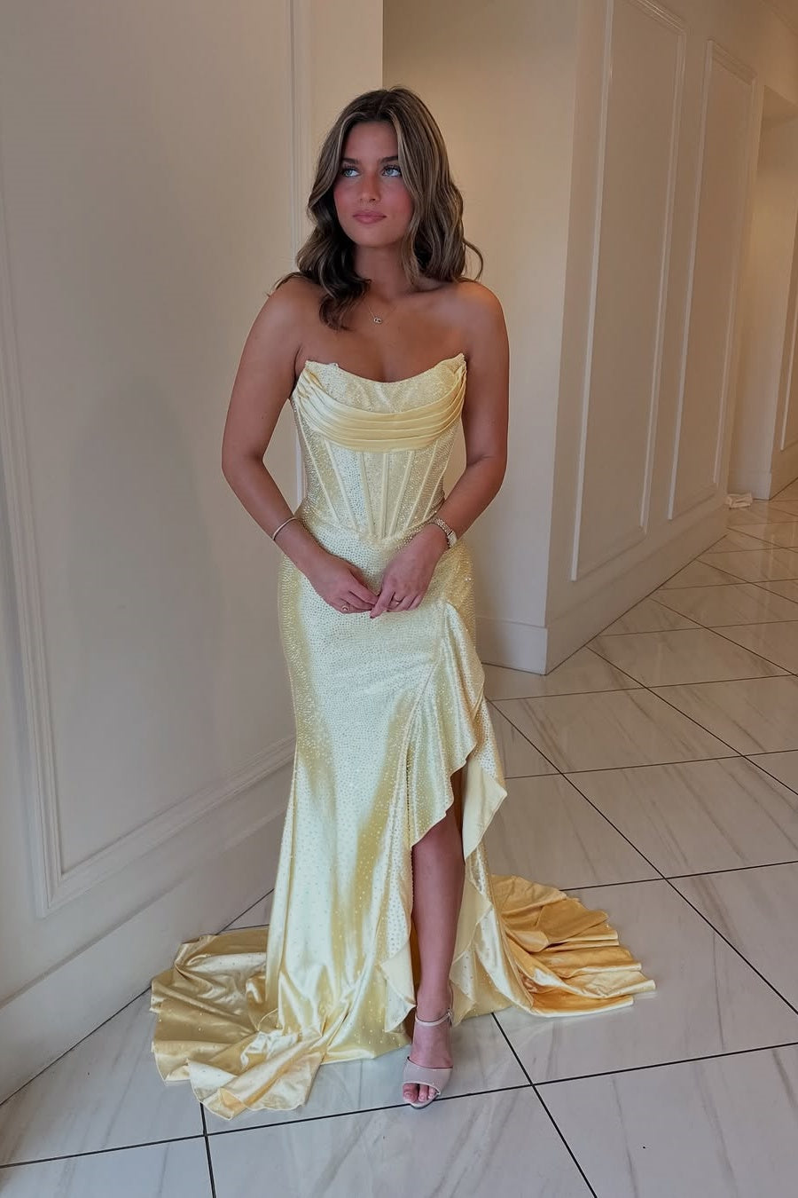 Orange Sparkly Mermaid Strapless Lace Up Long Beaded Prom Dress with Slit