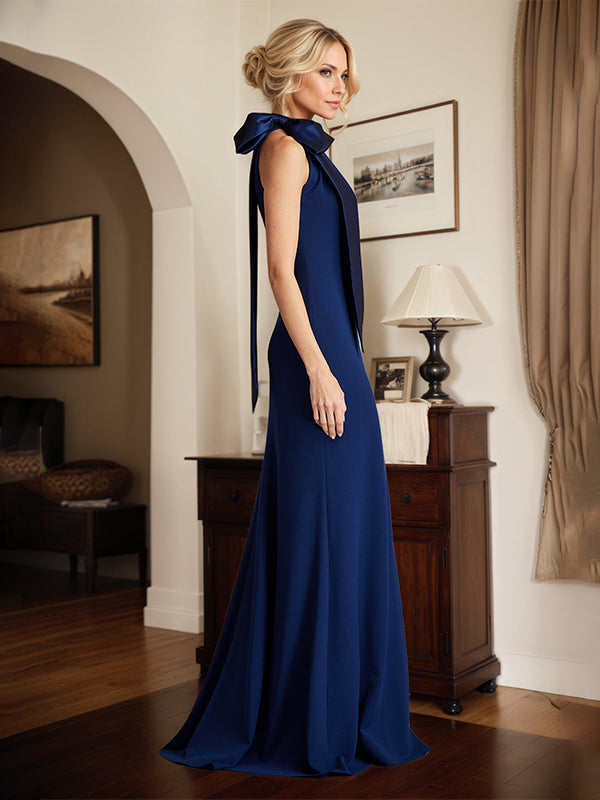 Royal Blue Sheath/Column Halter Neck Floor-Length Mother of the Bride Dress With Bow - View 3 | FashionDia