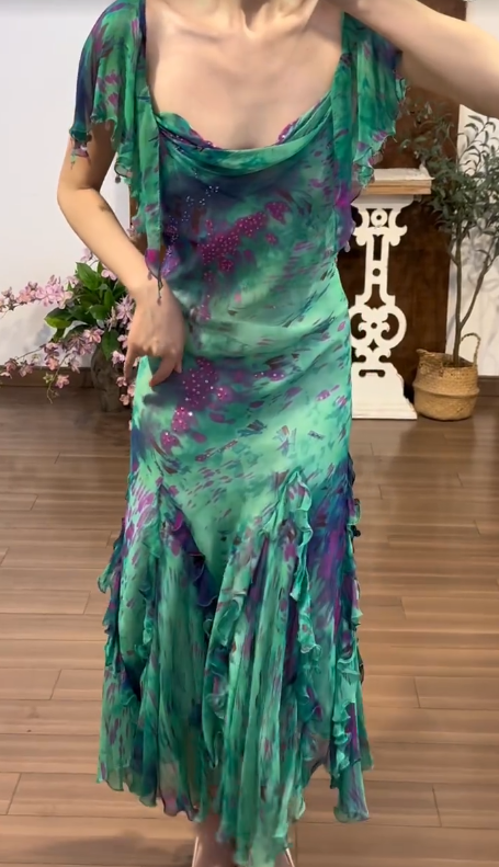 Green Chiffon Vintage Prom Party Dress Evening Dress Birthday Outfit