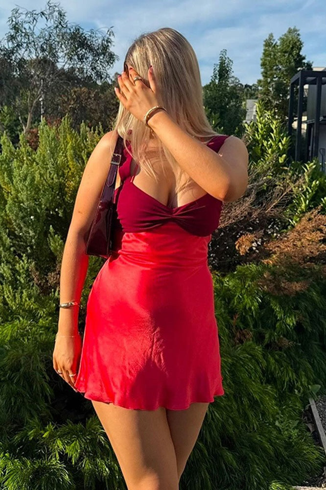 Satin Color Block Backless Cami Bodycon Mini Silk Dress - View 3 | VelvetHem