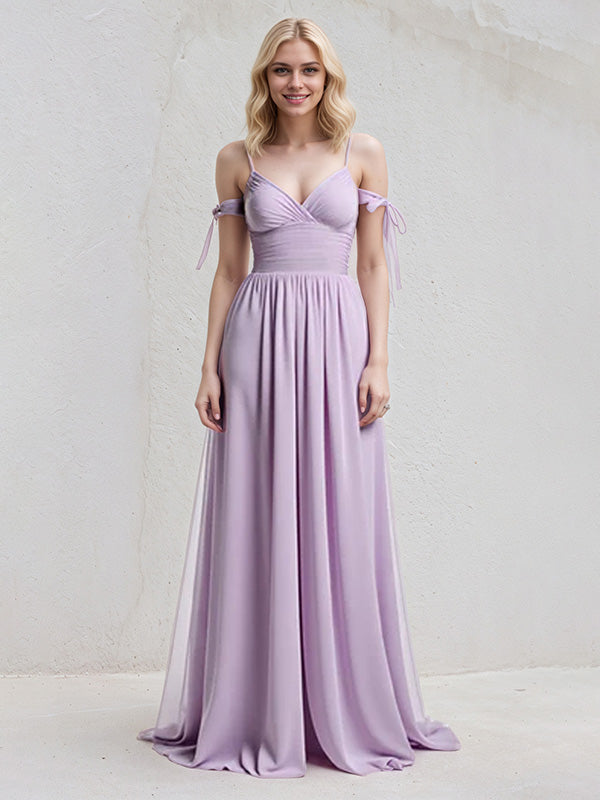 Lilac A-Line Chiffon Spaghetti Straps Sleeveless Floor-Length Dress With Bow - View 3 | FashionDia