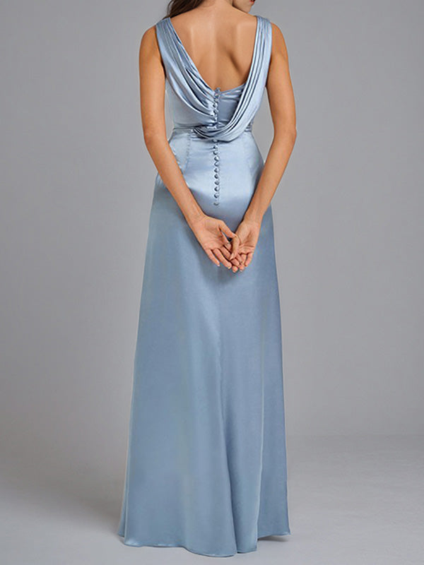 Dusty Blue Sheath/Column Scoop Neck Floor-Length Satin Bridesmaid Dress