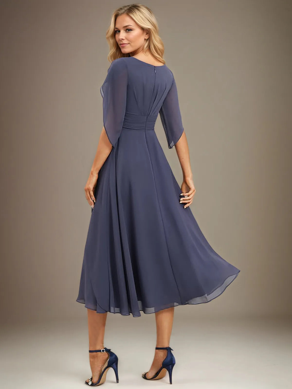 A-Line V-Neck Tea-Length Chiffon Mother Of Bride Dresses With Pleated - View 2 | FashionDia