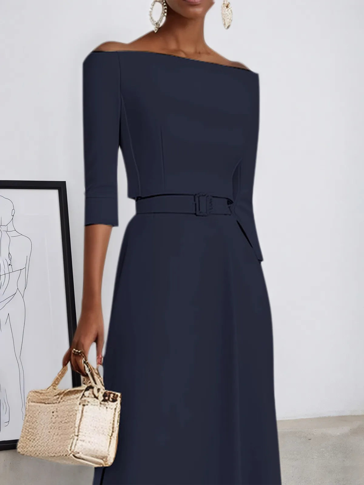 Purplish blue Classic Off-the-Shoulder Half Sleeve A-Line Maxi Dress - View 2 | FashionDia