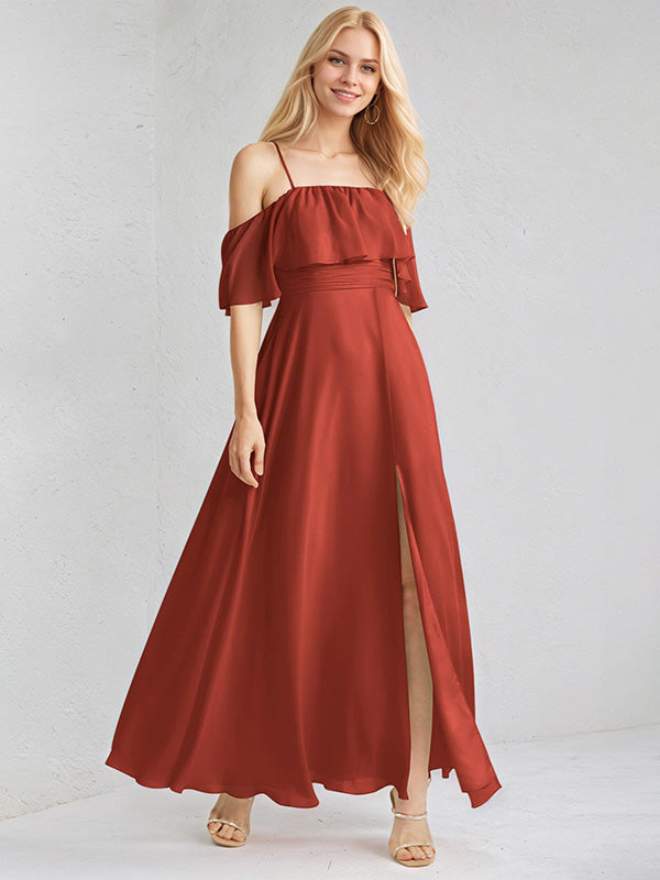 Rust Chiffon A Line Spaghetti Straps Sleeveless Floor Length Bridesmaid Dress With Ruffle