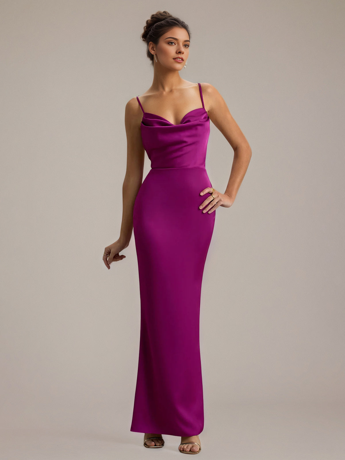 Dark Pink Satin Sheath/Column Spaghetti Straps Sleeveless Floor-Length Dress - View 3 | FashionDia