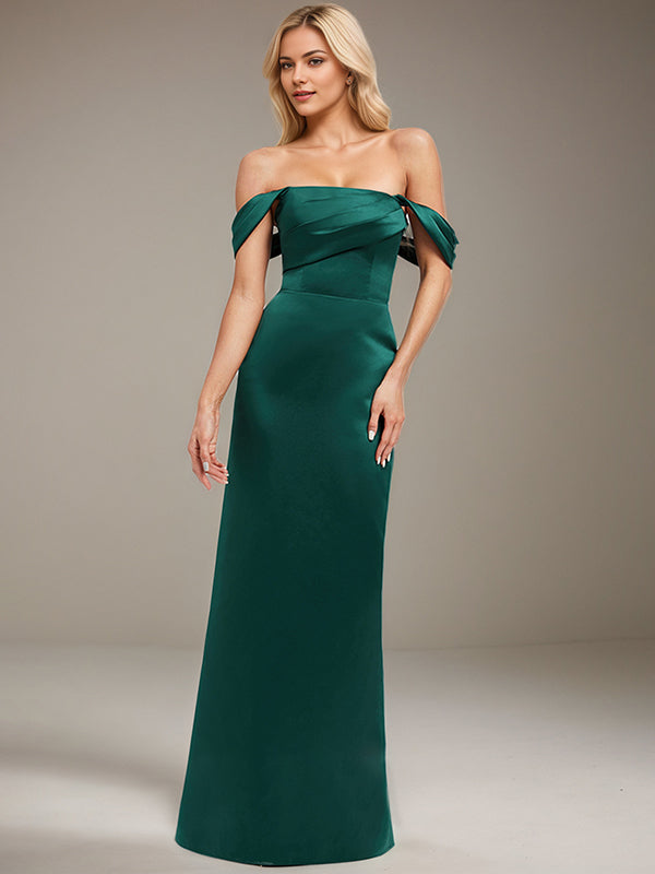 Emerald Sheath/Column Off the Shoulder Floor-Length Satin Bridesmaid Dress
