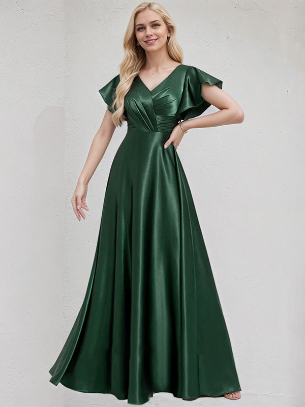 Green Satin A Line V Neck Floor Length Bridesmaid Dress With Ruffle