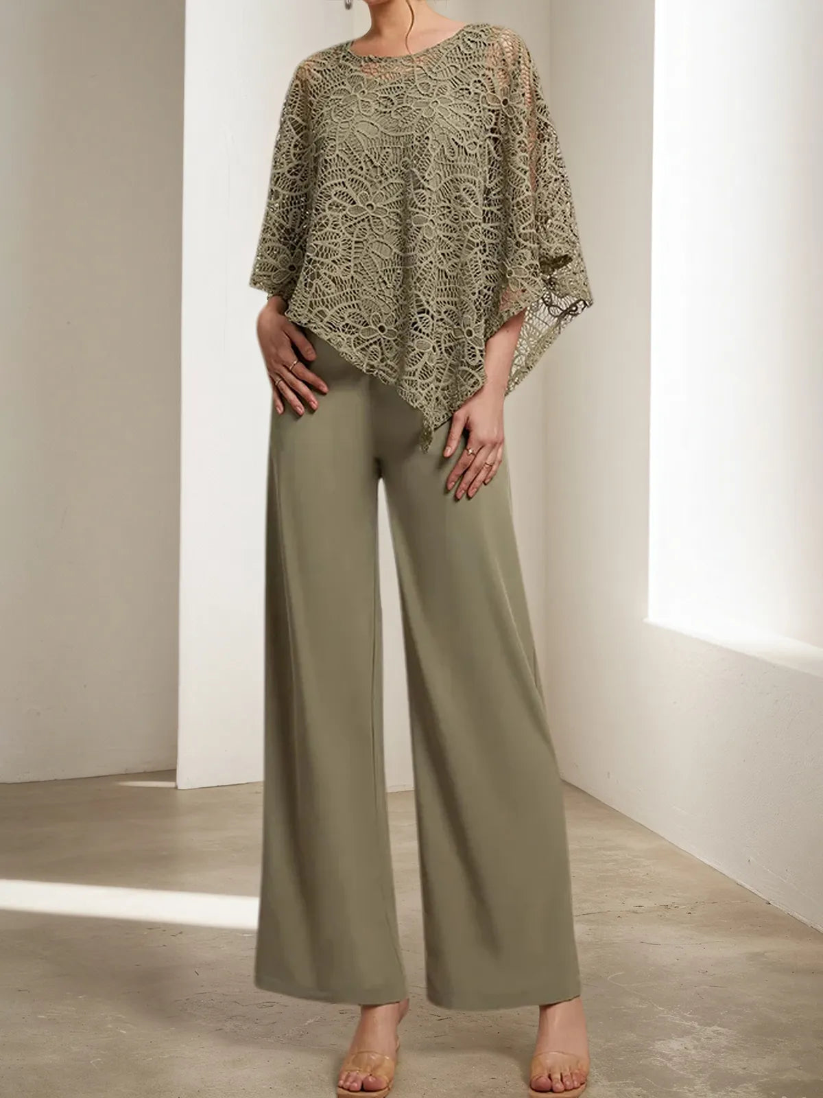 Army Green Women Lace Crew Neck Sleeve Chiffon Two-Piece Set