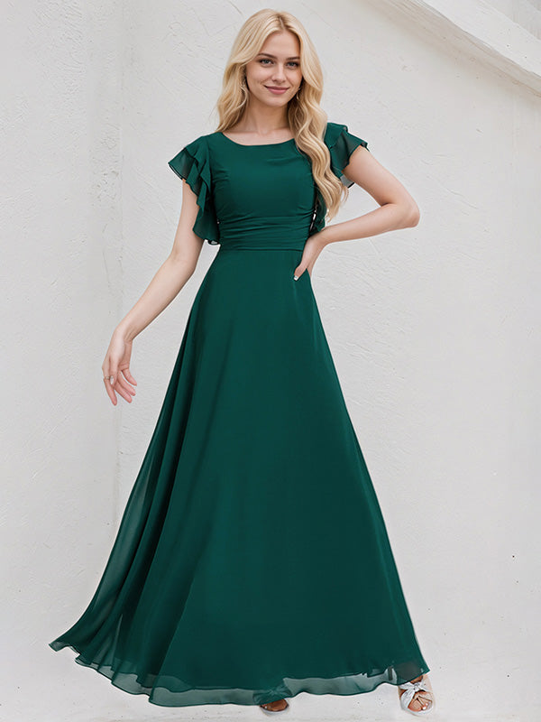 Peacock Chiffon A Line Scoop Short Sleeves Floor Length Bridesmaid Dress With Cascading Ruffles