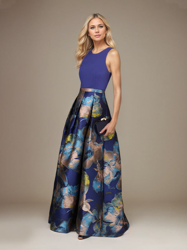 Royal Blue A-Line Satin Jewel Neckline Sleeveless Floor-Length Floral Dress - View 3 | FashionDia