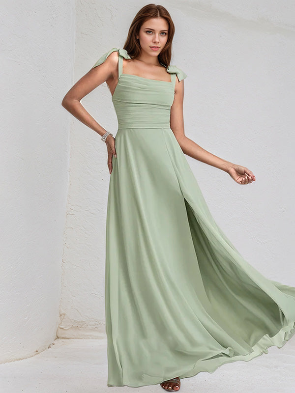 Celadon Chiffon A Line Off the Shoulder Sleeveless Floor Length Bridesmaid Dress