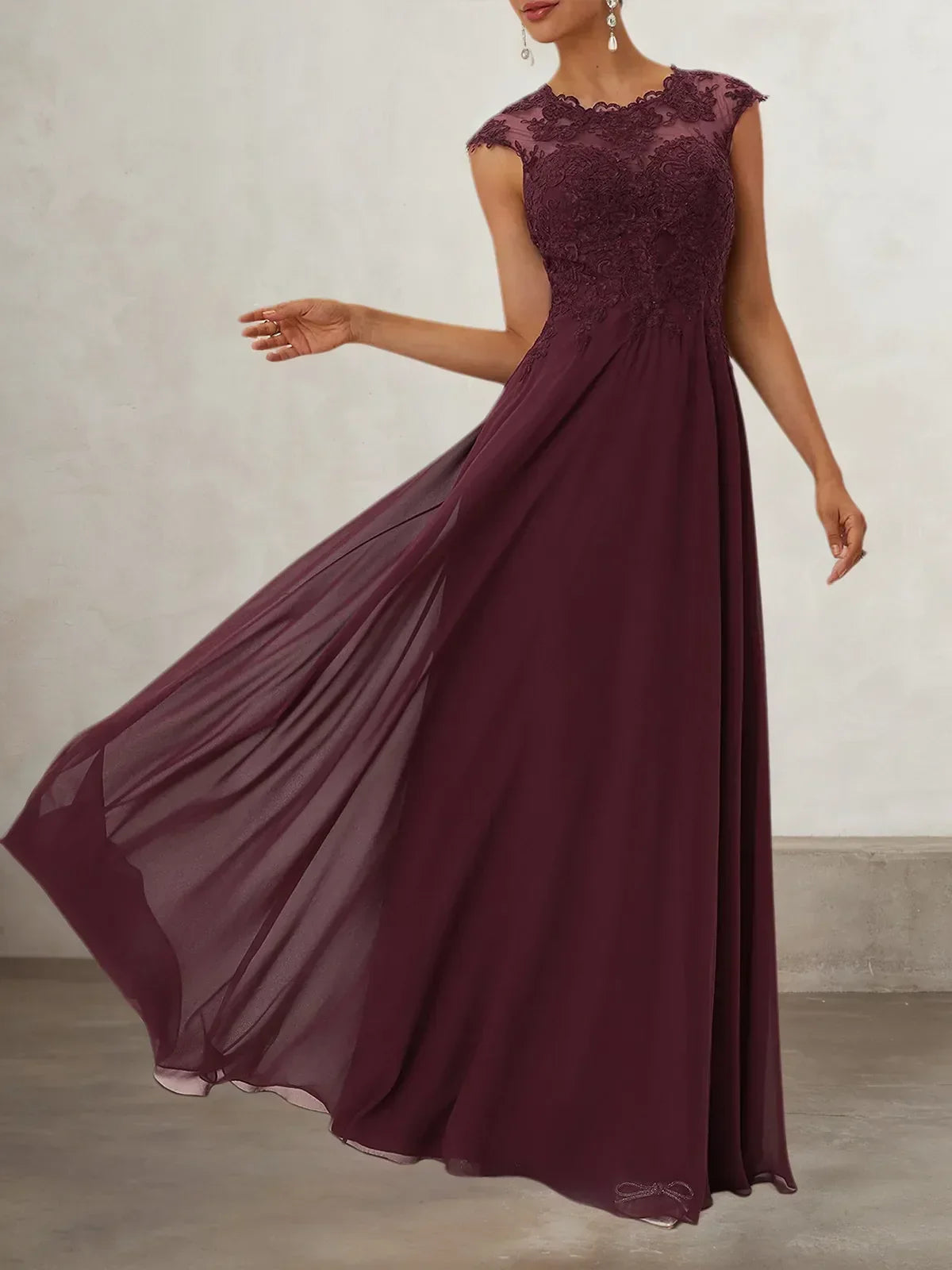 Wine Red Lace Chiffon Crew Neck Cap Sleeve A-Line Maxi Dress - View 3 | FashionDia