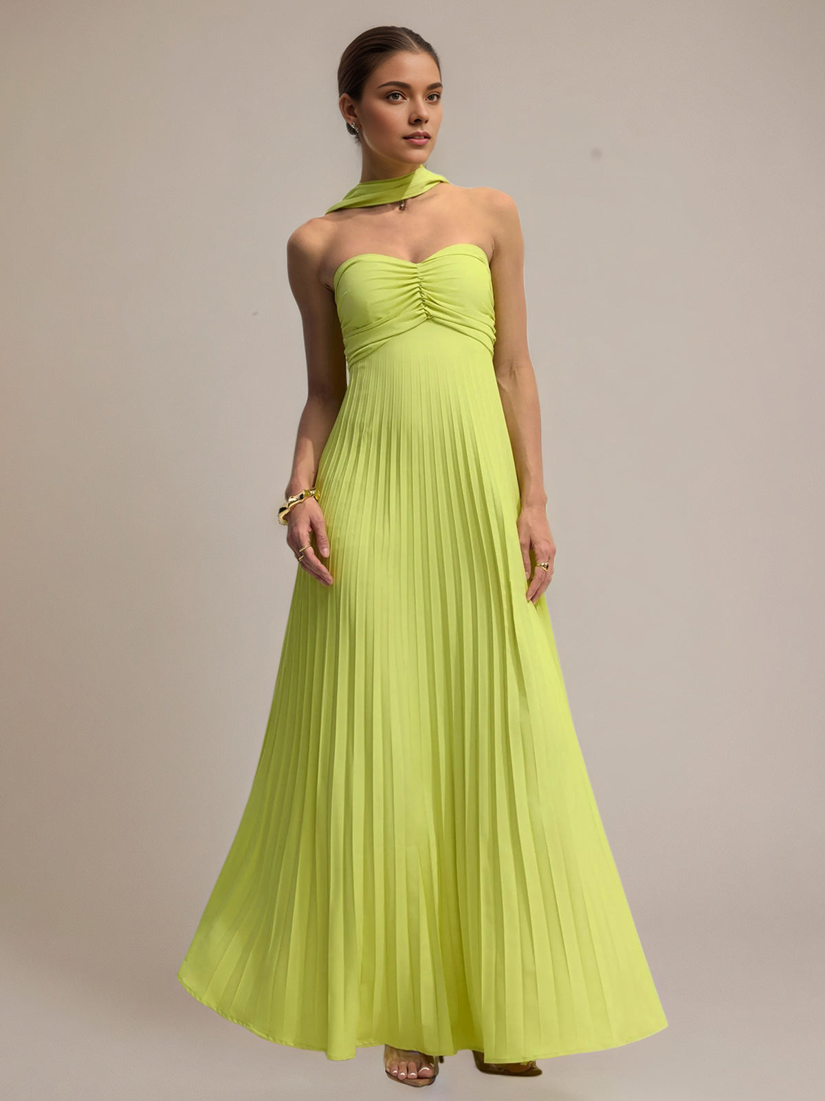 Green Chiffon A-Line Off-the-Shoulder Sleeveless Floor-Length Pleated Dress - View 3 | FashionDia