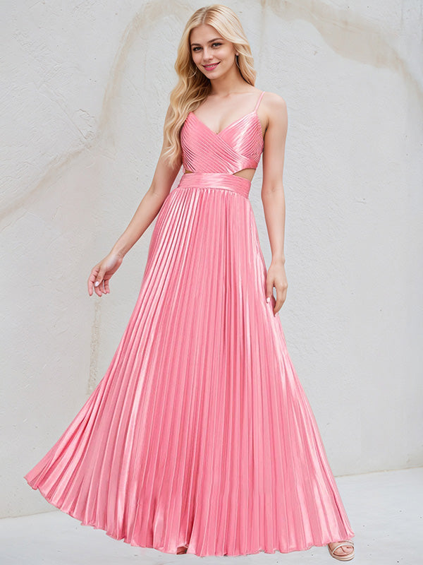 Peony Satin A Line Spaghetti Straps Sleeveless Floor Length Bridesmaid Dress