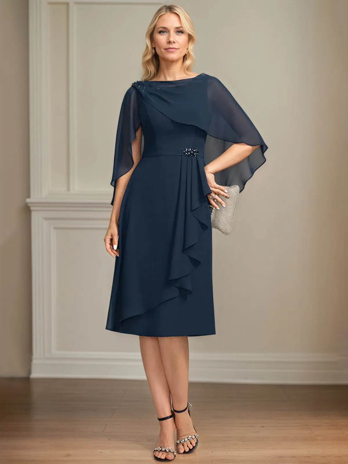 Sheath/Column Scoop Knee-Length Chiffon Mother of the Bride Dress With Cascading Ruffles Beading - FashionDia