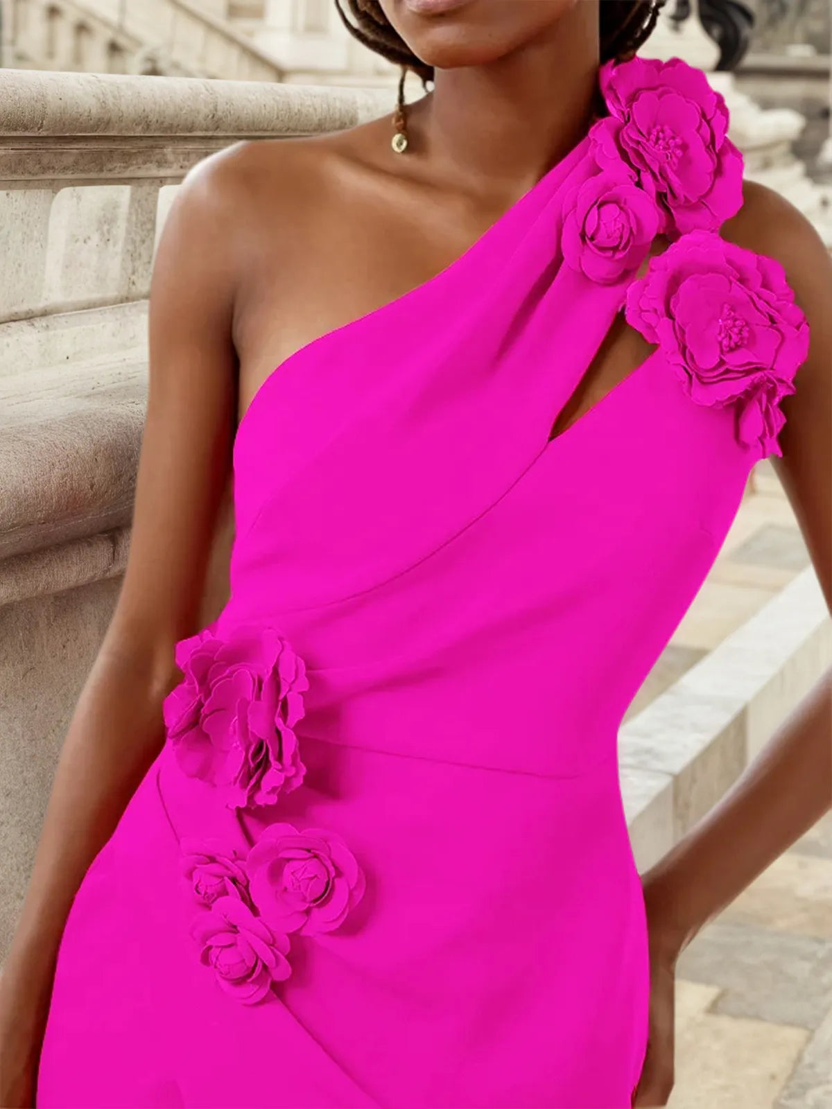 Rose Red 3D Floral One-Shoulder Sheath Midi Dress - View 2 | FashionDia
