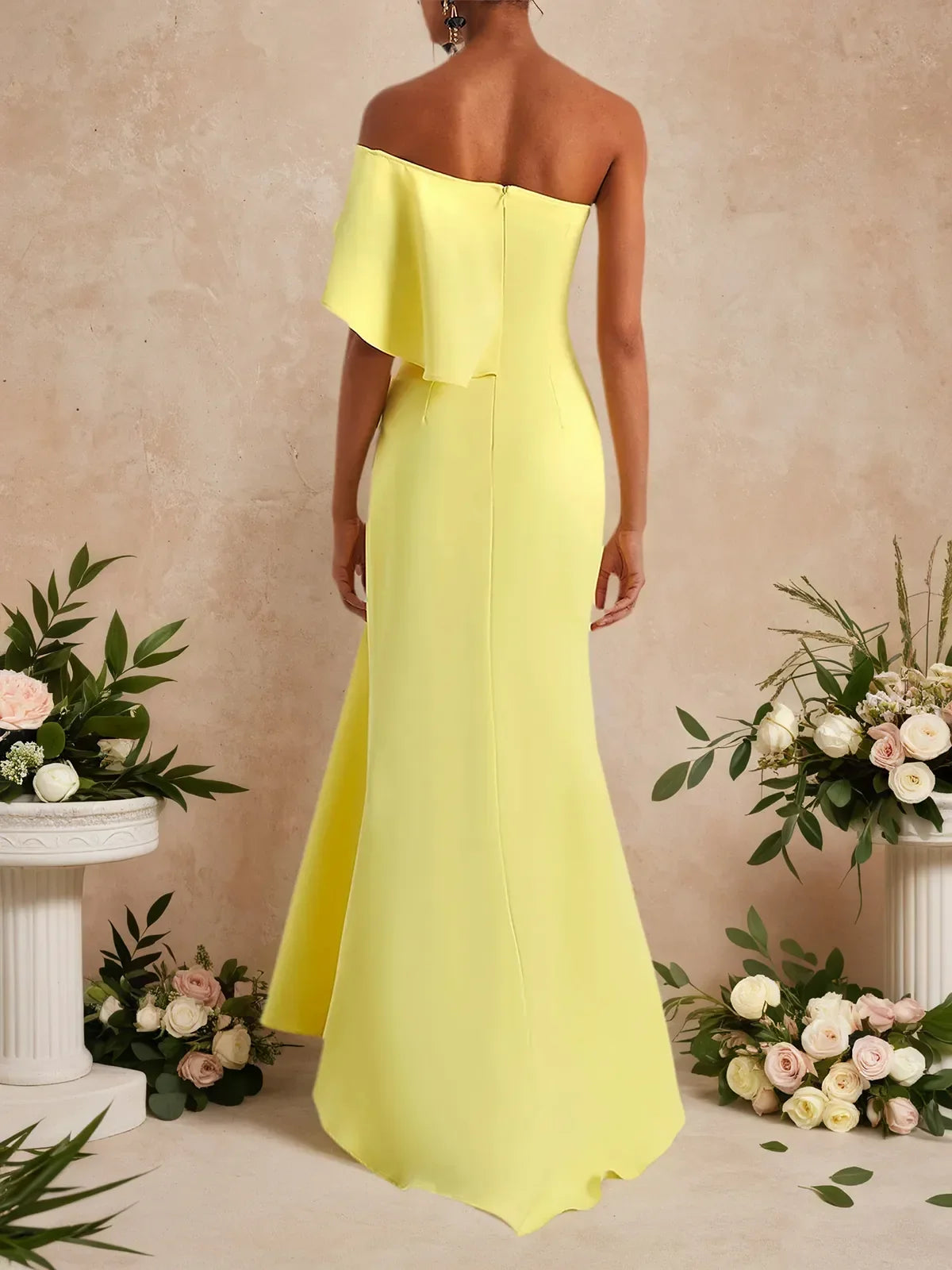 Yellow Ruched One-Shoulder A-Line Gown - View 2 | FashionDia