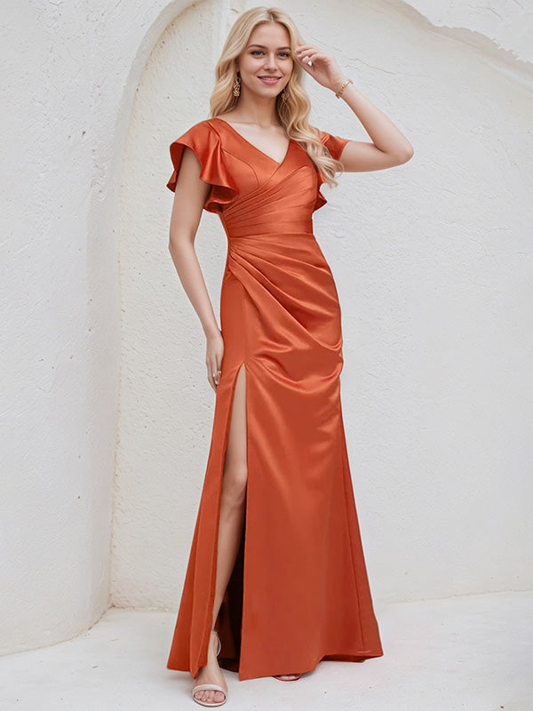 Vermilion Satin A-Line V-Neck Short Sleeves Floor-Length Bridesmaid Dress With Ruffle - View 3 | FashionDia